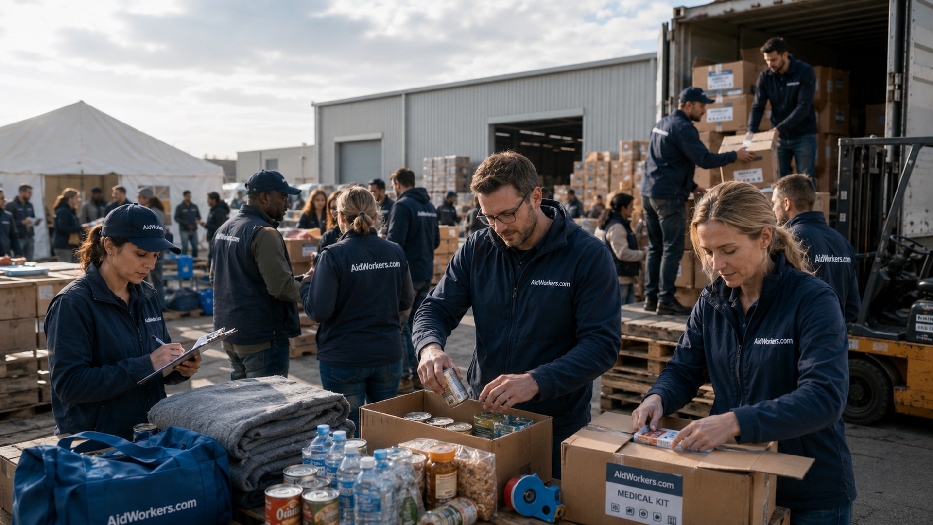 Aid workers in action distributing humanitarian supplies